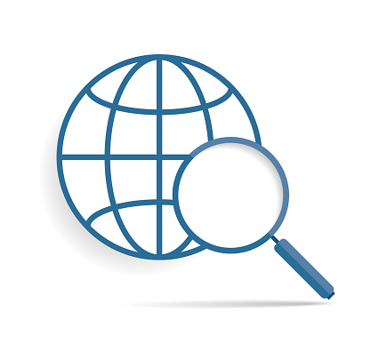 Search loupe icon in flat style, magnifying glass and globe. Zoom tool. Magnifier. Vector design elements for you business project