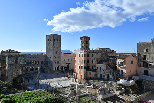 Terracina, Italy, 11/25/2023. View of historic buildings in an ancient town in Lazio.