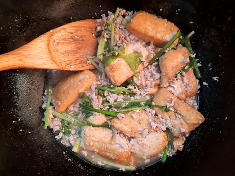Stir Fried Tofu and Minced Pork - food preparation.