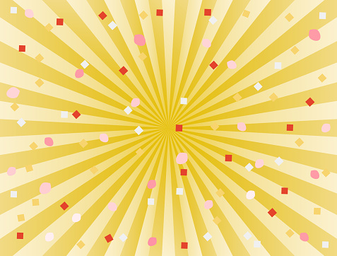 This is a wallpaper with an illustration of golden concentrated lines, confetti, and flower petals.