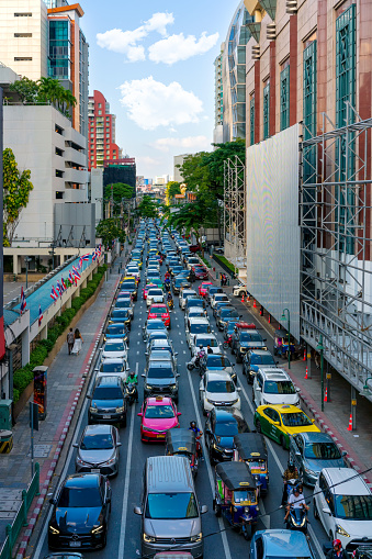 Thailand-December-17:Traffic jam on December 17,2023 at Traffic jam at Chit lom- Phloen Chit intersection, Bangkok Thailand
