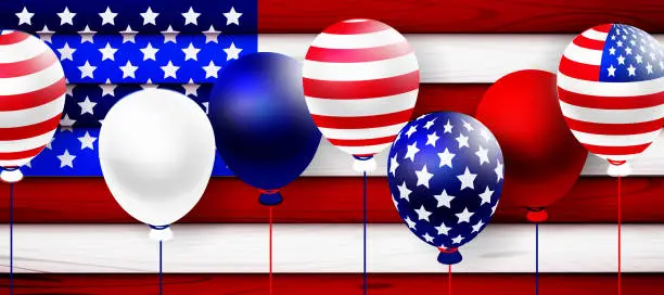 Vector illustration of Balloons with American flag on wooden abstract background. Creative illustration in national style.
