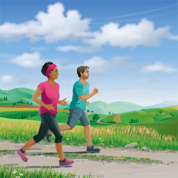 Vector illustration of Jogging couple in rural agricultural landscape