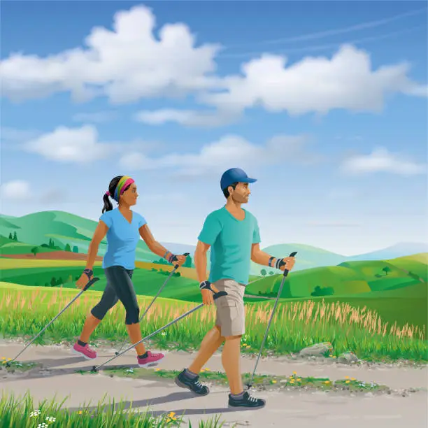 Vector illustration of Nordic walking couple in rural agricultural landscape