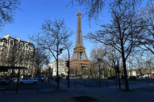 View of Tour Eiffel from a street in Paris, France.