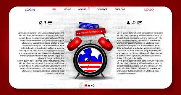 Vector illustration of Election voting concept in realistic style. Vote in the USA, banner design. Alarm clock with American flag and text on a abstract concrete background. Election voting web template with place for text.