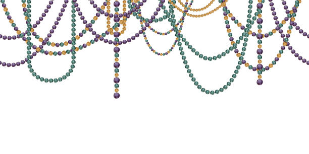 Hand drawn watercolor Mardi Gras carnival symbols. Garland festoon glass bead jewel pearl strings, gold purple green. Seamless banner isolated on white background. Design party invitation, print, shop Hand drawn watercolor Mardi Gras carnival symbols. Garland festoon glass bead jewel pearl strings, gold purple green. Seamless banner isolated on white background. Design print, party invitation, shop painted masquerade masks stock illustrations