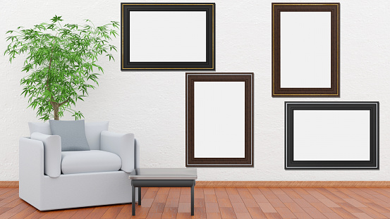 Frames, empty paintings on display on white wall. Two frames with empty space for inserting text or images. Set in the living room. Wooden, silver and gold frames.