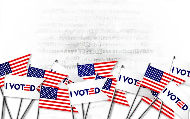 Vector illustration of Election voting concept in realistic style. Vote in the USA, banner design. American flags with choice flags on grunge concrete background with text. Creative illustration for voting in elections.