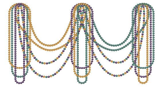 Hand drawn watercolor Mardi Gras carnival symbols. Garland hanging glass bead pearl strings necklace, gold purple green. Composition isolated on white background. Design party invitation, print, shop.