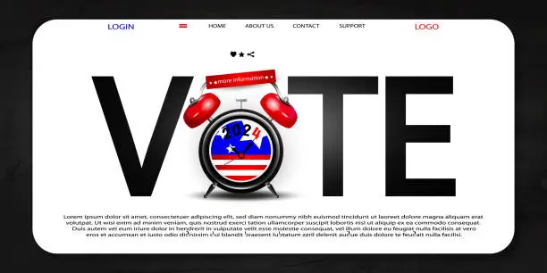 Vector illustration of Election voting concept in realistic style. Vote in the USA, banner design. Alarm clock with American flag and text on a white background. Election voting web template with place for text.