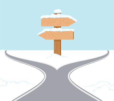 Road signboard at crossroad. Choosing between two paths. Winter landscape with split way and arrows sign pointing in different directions. Difficult decision concept. Vector cartoon illustration.