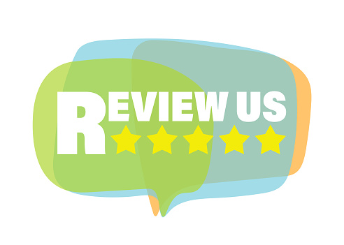 Review us! Five star rating vector speech bubble isolated on white background. Feedback, Review, and rate us concept.
