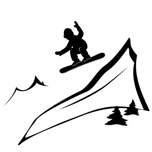 Vector illustration of Snowboarder on a snowboard jumping over the mountains.