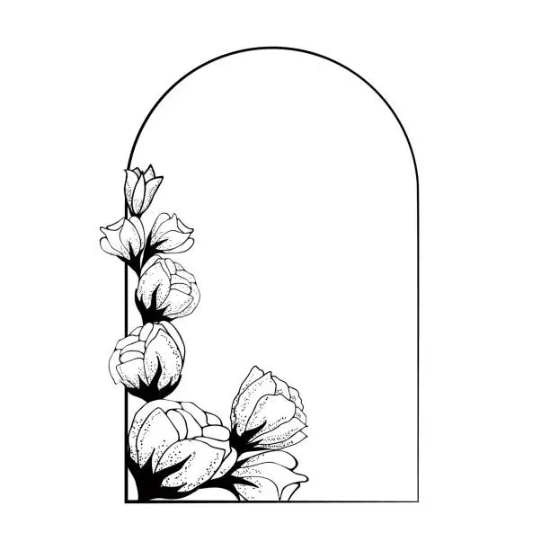Vector illustration of Frame background in an arch of roses. Hand drawing. For decoration of stylized backgrounds, postcards, printing, for editing, to complement modern original design. Vector