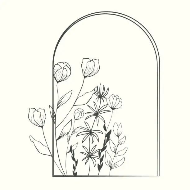 Vector illustration of Set of field, forest flowers and leaves, herbal elements of wild herbs FRAME, BACKGROUND in an arch. Hand drawing. For stylized background decor, postcards, print, for editing, for modern original design addition. Vector