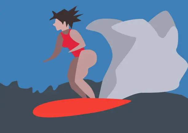 Vector illustration of woman surfer on the wave