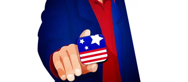 Vector illustration of Election voting concept in realistic style. Vote in the USA, banner design. Businessman's hand with America choice icon on white background. Poster for voting in elections.
