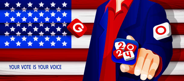istock Election voting concept in realistic style. Vote in the USA, banner design. Businessman's hand with choice icon on grunge wooden background with American flag. Election voting poster with place for text. 1884369727