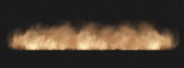 Vector illustration of Dust sand cloud with stones and flying dusty particles isolated on transparent background. Brown dusty cloud or dry sand flying. Realistic vector illustration.