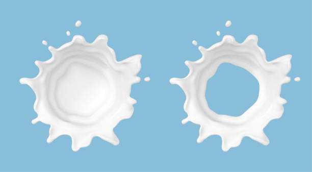 istock Milk splash isolated on blue background. Natural dairy product, yogurt or cream splash with flying drops. Realistic Vector illustration 1884374437