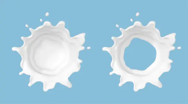 Vector illustration of Milk splash isolated on blue background. Natural dairy product, yogurt or cream splash with flying drops. Realistic Vector illustration