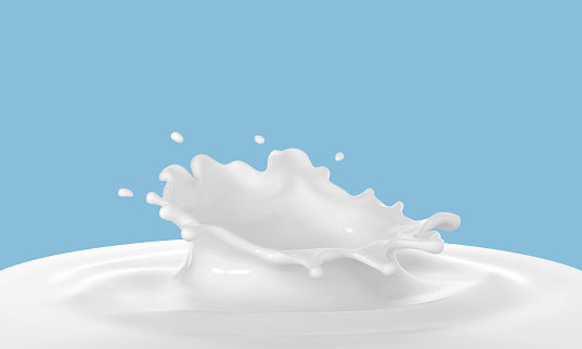 Milk crown splash, splashing in milk pool with blue background. Vector realistic illustration