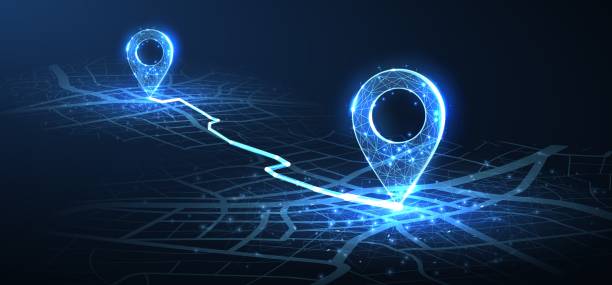 GPS. Abstract two pin icon on blue city map with white line connection