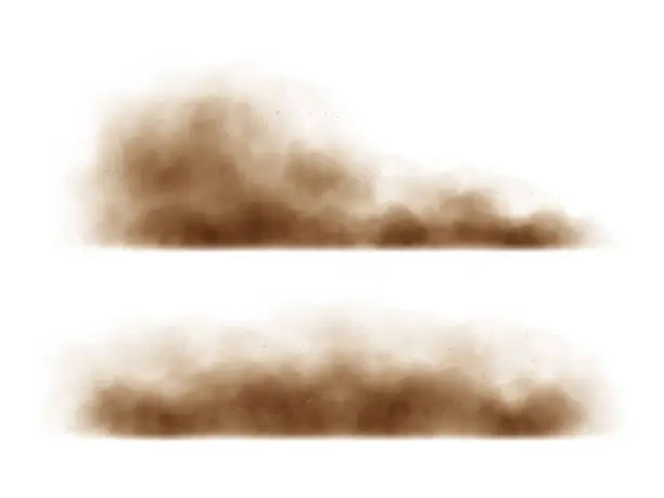 Vector illustration of Sand cloud, sandstorm, dirty dust or brown smoke. Heavy thick smog effect isolated on white background. Realistic vector illustration