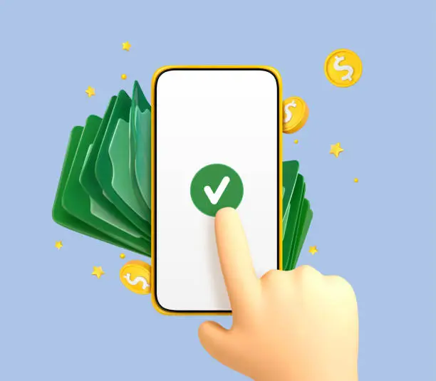 Vector illustration of 3D cartoon finger touching screen of smartphone with coins and dollar bills. Online payment concept. Mobile wallet application. Banking app. Transfer money via smartphone. Vector 3d illustration