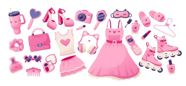 Vector illustration of Barbiecore set with cute pink accessories and clothes. Glamorous things dolls. Vector illustration