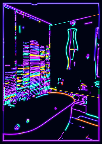 Vector LED light colors psychedelic neon effect cyber style city night bathroom scene background