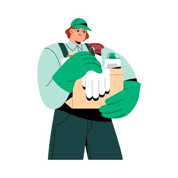 Vector illustration of Housekeeping worker holds box with detergents. Cleaner in gloves carrying domestic chemistry bottles for cleanup, housework. People work in cleaning service. Flat isolated vector illustration on white