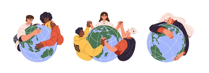 Young people love, hug planet set. Kids hold on hands, save, protect earth together. Girls and boys care about green globe. World ecology, environment. Flat isolated vector illustration on white.