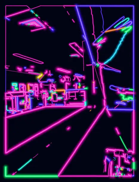 Vector illustration of Vector LED light purple psychedelic neon effect cyber style city building the subway station outline scene background