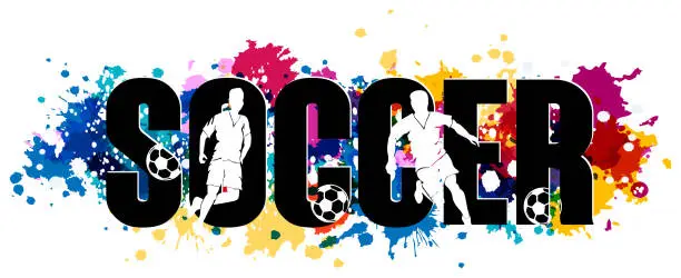 Vector illustration of Soccer word with players in action, kicking ball for winning goal. Abstract vector illustration from rainbow paint splashes and white silhouettes.