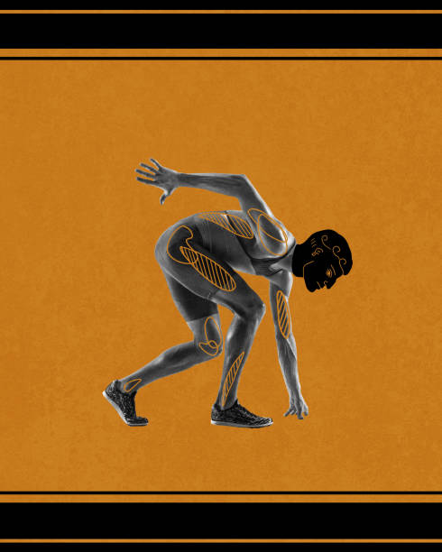 istock Ready, steady, go. Muscular man, runner, athlete in motion, standing on starting line over orange background. Contemporary art collage. 1884431397