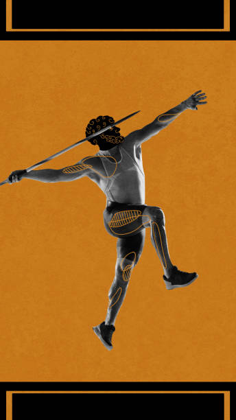 istock Strong muscular young man, athlete practicing, throwing javelin over orange black background. Ancient man drawing. Contemporary artwork. 1884431403