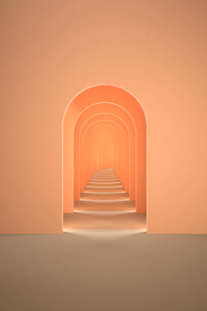 istock 3d surreal render. Abstract arch tunnel peach color color vertical background. 1884431453