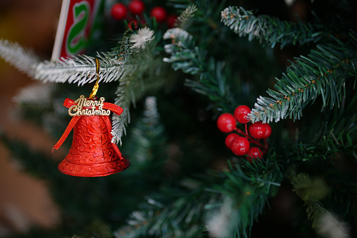 Red bell ornaments hang on christmas branch tree. Merry christmas and happy new year concept.