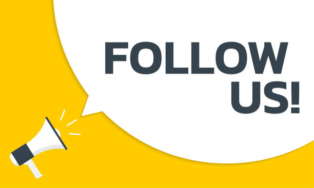 ikuti kami teks balon ucapan. spanduk media sosial dengan ikon megafon. ilustrasi vektor. - pesan-pengumuman ilustrasi stok