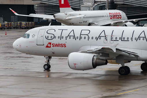 Zurich, Switzerland, December 6, 2023 HB-IJN Swiss Star Alliance Airbus A320-214 aircraft is taxiing to its takeoff position