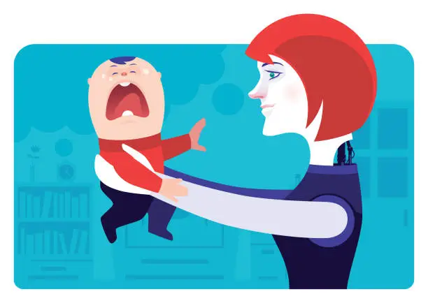Vector illustration of robot woman holding crying baby