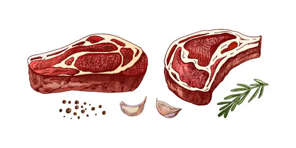 Vector illustration of Organic food. Hand drawn colored vector sketch of beef steak, piece of meat with rosemary, garlic and peppercorns.  Vintage illustration. Decorations for the menu. Engraved image.