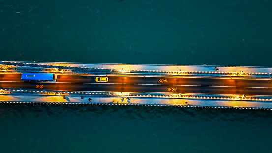Nighttime Brilliance,a Directly Above View Captures Illuminated Vehicles on the Szechenyi Chain Bridge Over the Danube River in Budapest,Hungary. The City Lights Create a Mesmerizing Scene Reflecting on the Tranquil Waters Below