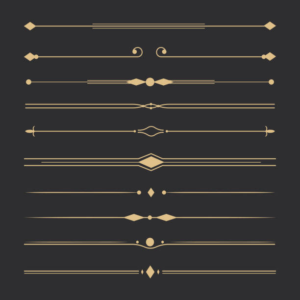 illustrazioni stock, clip art, cartoni animati e icone di tendenza di set di devider di testo, separatori minimi di linee dorate, eleganti bordi doodlle, elementi decorativi isolati su sfondo scuro. illustrazione vettoriale - lusso immagine