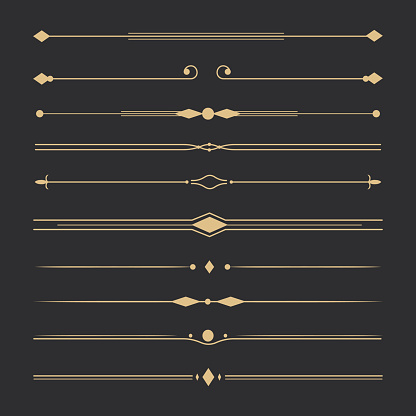 Text devider set, gold line minimal separators, elegant doodlle borders, decorative elements isolated on dark background. Vector illustration