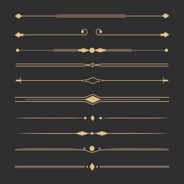 Vector illustration of Text devider set, gold line minimal separators, elegant doodlle borders, decorative elements isolated on dark background. Vector illustration