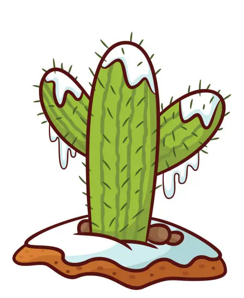 Vector illustration of Cactus covered with snow in winter