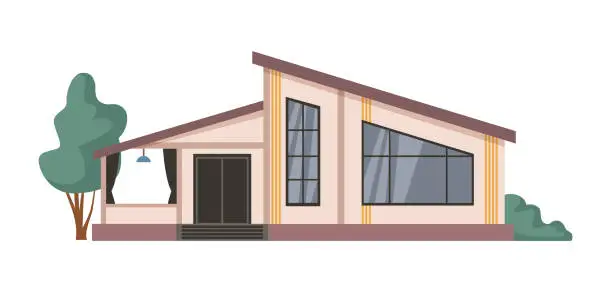 Vector illustration of House facade with tree, isolated modern cottage with leaning roof. Vector contemporary building with a porch and entrance door. Real estate property, housing exterior with large windows